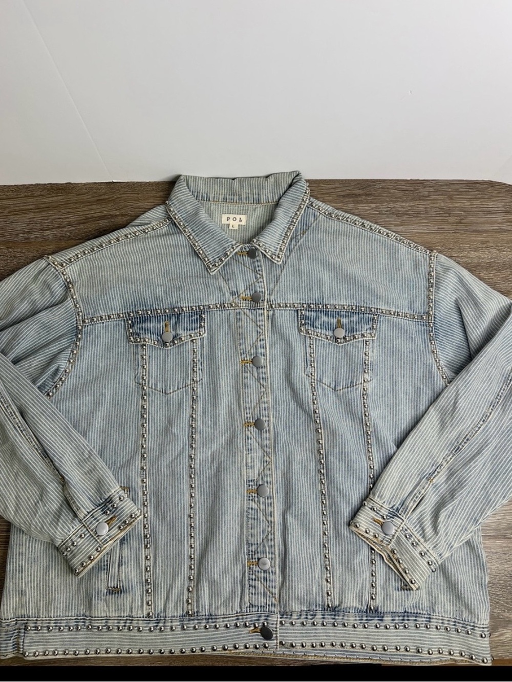 POL Studded Stripe Denim Jacket  Light Wash Large
